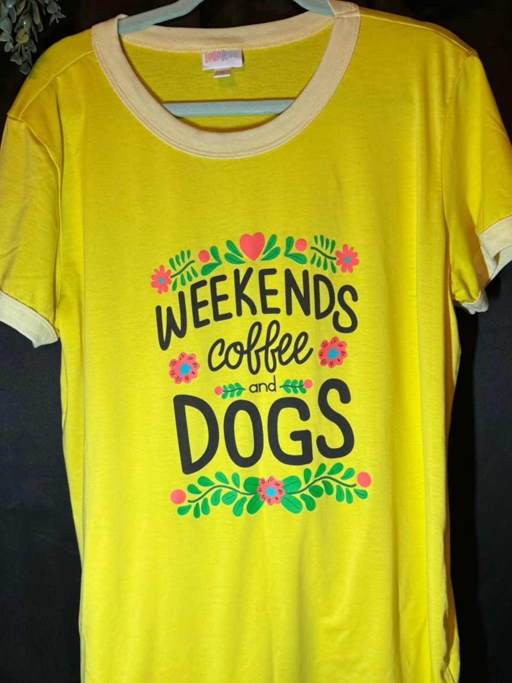 LuLaRoe Bright Yellow Graphic Ringer Tee “weekends coffee and dogs” XL